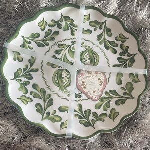 Shabby Chic White and Green Botanical Scalloped Serving Bowl